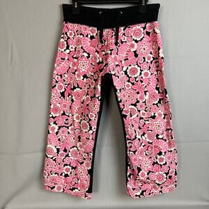 Y2K Nilla Shields Floral Crop Pants S Black Pink 70s Print Made USA Boho Retro